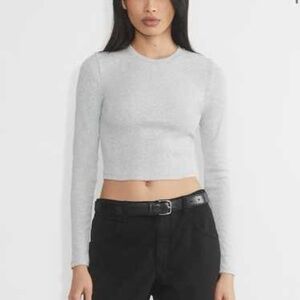 TNA - Gray Ribbed Cropped Ling Sleeve Bodycon Shirt